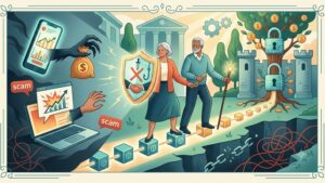 Защищенный цифровой кошелек с замком как символ безопасности криптоинвестиций для пенсионеров от Йес Биткоин