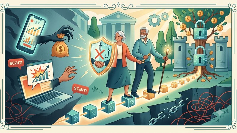Защищенный цифровой кошелек с замком как символ безопасности криптоинвестиций для пенсионеров от Йес Биткоин
